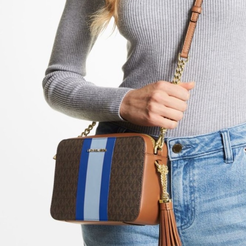 MICHAEL KORS Jet Set Medium Electric Blue Logo Stripe Brown Camera Bag - Picture 3 of 3
